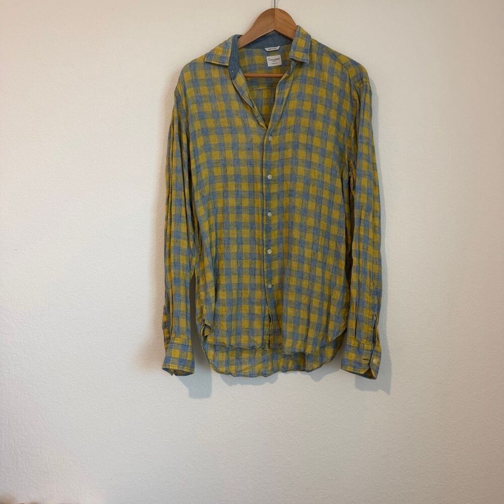 Culturata Roma Yellow Blue Italian Linen Classic Fit Shirt Men's Size Medium